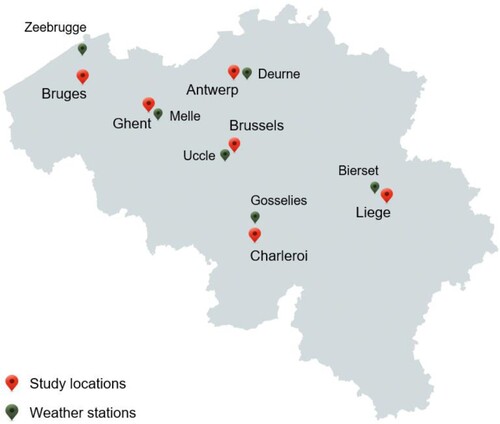 Figure 4. Belgian study locations and the weather stations used for data extraction used in the study.