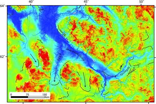 Figure 3. Comparison between previously published ice extent (white stippled line) (CitationLarsen et al., 2006, p. 31), and mapped end moraines in this study (black lines) in the Severnaya Dvina area. Arrows indicates inferred LGM ice movement. Total relief in the image is about 250 m and moraines are typically 20–50 m high.