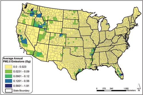 Figure 2. Average annual PM2.5 emissions (Gg) from crop residue burning by county for the CONUS (projection: Albers Equal Area Conic).