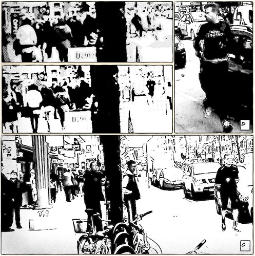 Figure 4. (a–c) From an occasion when the jogger used the space between the parked cars and the cycleway to avoid being in the way of cyclists while not having pedestrians in the way of the jogger. In c), there are also two onlookers that observe the jogger. (d) another similar occasion where the jogger temporarily looks back while jogging in the space between the parked cars and the cycleway.
