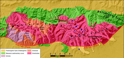 Figure 2. Schematic geological map and geographic subdivision of the Tatra Mountains. Dashed-dotted line indicates national border; dashed lines mark geographic boundaries dividing the Tatra Mountains into three geographic regions; glacial lakes are depicted in blue.