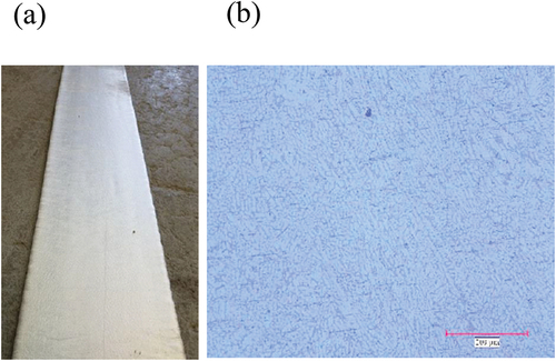 Figure 11. (a) Photograph and (b) optical micrograph at 50× magnification of AA5182 alloy strip obtained via pilot-scale horizontal single belt casting (reprinted with permission from Hsin, Citation2019)