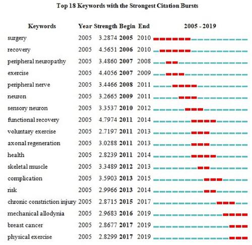 Figure 11 The keywords with the strongest citation bursts of publications on exercise and neuropathic pain research.
