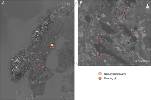 Figure 1. Locations of hunting pits used in this study. In total, 2519 hunting pits were manually mapped in northern Sweden. Some 80% of the hunting pits were used for training the models, while 20% were used for testing.