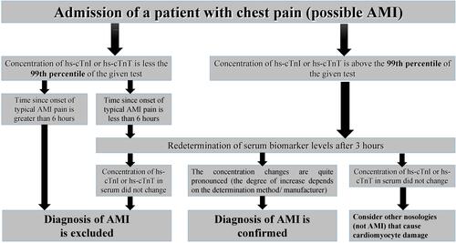 Figure 3 Early diagnostic algorithm 0–3 h to exclude/confirm AMI by hs-cTnI and hs-cTnT levels.