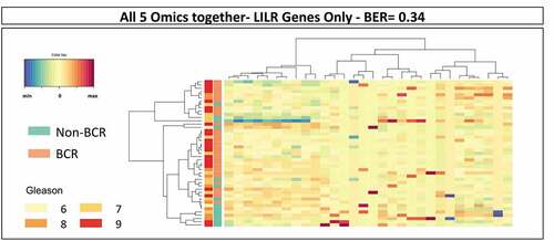 Figure 3. Results of sPLS-DA of LILR gene-related features in the combined omics dataset of TCGA PRAD. The analysis of the 30 LILR gene-related features in the combined dataset resulted in the prediction of BCR with a BER of 0.34