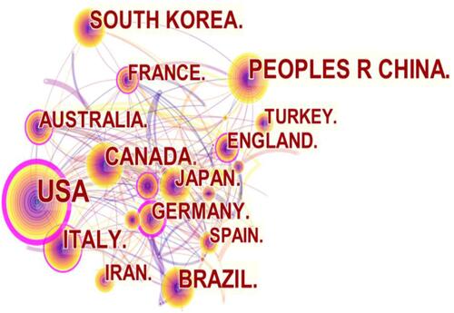 Figure 2 Map of countries researching the rehabilitation medicine use of sEMG from 2010 to 2021 on the Web of Science.