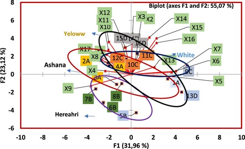 Figure 3. Biplot analysis for F1 (on x-axis) and F2 (y-axis) for all genotypes and mycorrhizae species interaction of 16 treatments based on all measured plant and nutrients analysed values.