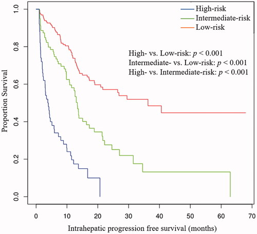 Figure 5. Kaplan–Meier curves of intrahepatic progression-free survival for patients in the low-, intermediate-, and high-risk groups. ihPFS: intrahepatic progression-free survival.