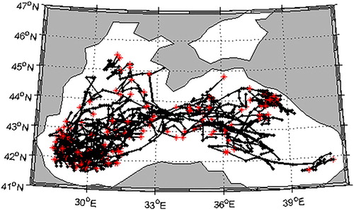 Figure 7. Trajectories of all storm events. Stars indicate the beginning of each storm.