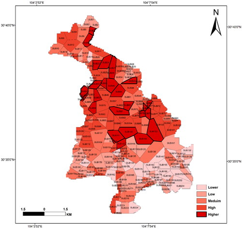 Figure 6. Urban flood risk levels for the sub-catchments in Jinjiang district.