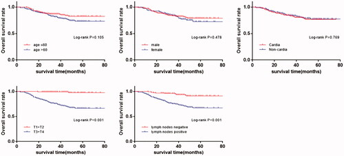 Figure 3. Kaplan-Meier survival curves for the overall survival by characteristics and clinical features of gastric cancer patients. (age, sex, sites, depth of invasion, lymph nodes metastasis.).