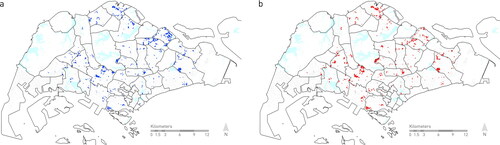 Figure 5. Robust optimal solutions for possible new residential development areas in Singapore, based on (a) minimizing urban ecosystem service loss and maximizing areas of high population density (leading to 1,158 robust solution pixels in blue) or (b) minimizing urban ecosystem service loss and reducing the Total Edge Length of all built-up areas (resulting in 1,077 robust solution pixels in red). Colour online.