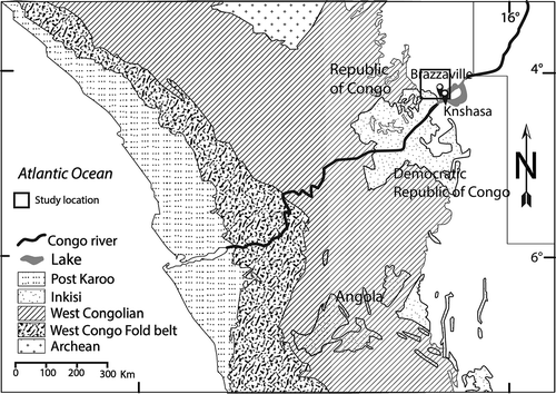 Figure 1. Location of the studied area (black square) and the distribution of the Inkisi Formation over the Central Africa. Redwrawn after Dadet (Citation1969).