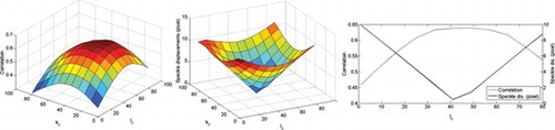 Figure 6 The correlation values (left) and absolute speckle displacements (center) from a measurement of the flat reference object for different shift values of k 0 and l 0. In the case of k 0 = 49 pixels, a 2-D plot of both correlation and speckle displacements as a function of l 0 are shown to the right.