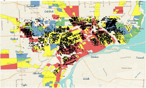 Figure 5. Detroit. This figure shows the A rated parcels (Green), B rated parcels (Blue), C rated parcels (Yellow), and D rated parcels (Red) in Detroit. The black dots represent parcels held by the Michigan State Land Bank (SLBA).