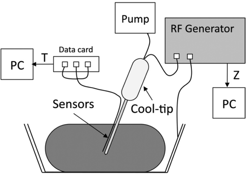 Figure 3. Experimental set-up to record temperatures and impedance evolution. The multi-thermocouple probe and electrode were jointly inserted into the tissue. The electrode was internally cooled by a peristaltic pump.