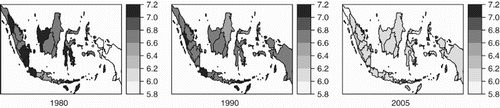 Figure 3. Spatial distribution of average age of entry of first-graders, in months. Data: Censuses 1980, 1990, SUPAS intercensal survey 2005.