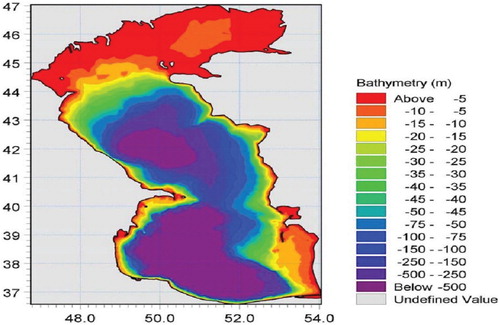 Figure 1. Depth variation in the study area, Caspian Sea (Allahdadi et al., Citation2004).