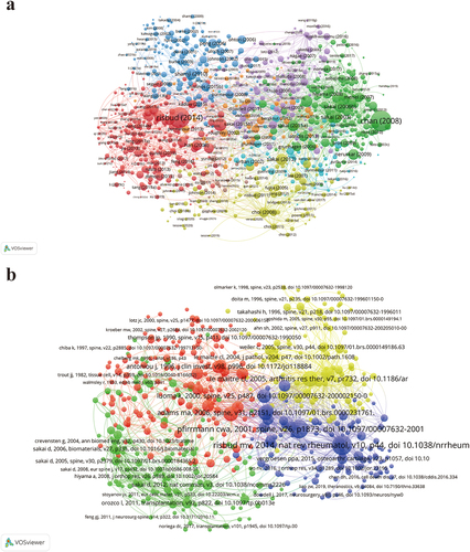 Figure 7. Cited and co-cited articles analysis on immune cells in disc degeneration. (a) the cited articles’ cooperation network graph in WOSCC. (b) the co-cited articles’ cooperation network graph in WOSCC. The size of the nodes indicates the number of articles, the thickness of the connections between the nodes reflects the strength of cooperation, and the color of the nodes corresponds to the clustering of the different articles, with nodes of the same color belonging to the same cluster.