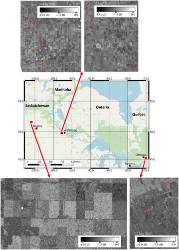 Figure 1. Location of the three experimental sites in Ontario (ON), Manitoba (MB), and Saskatchewan (SK) indicated by red squares. SAR images are RH backscattering. Red pins indicate the location of the RISMA stations.