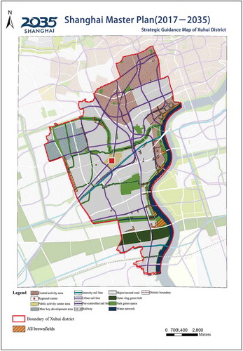 Figure 3. Maps of the distribution of brownfields with greening potential (BGPs) patches in Xuhui District overlaid with the district strategic guidance map presented in the Shanghai Master Plan (2017–2035)