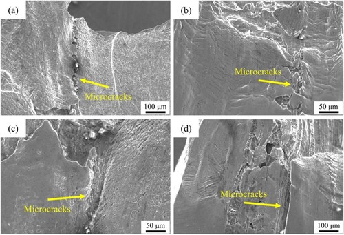 Figure 17. Longitudinal sections below the fracture surfaces of the tensile test specimens cut from the samples: (a) 9:1, (b) 25:1, (c) 9-T6, (d) 25-T6.