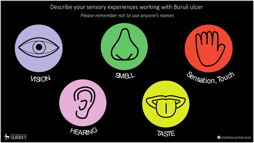 Figure 1. Slide shared with participants. The five senses were illustrated as easy to view illustrations to remind participants of the topic for discussion. Graphic by Joanna Butler.