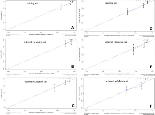 Figure 4 Calibration curves for 5-year BCSS and 5-year DM-free survival in the training, internal validation and external validation cohort: (A) the predicted and observed 5-BCSS in training set; (B) the predicted and observed 5-BCSS in internal validation set; (C) the predicted and observed 5-BCSS in external validation set; (D) the predicted and observed 5-year DM-free survival in training set; (E) the predicted and observed 5-year DM-free survival in internal validation set; (F) the predicted and observed 5-year DM-free survival in external validation set.