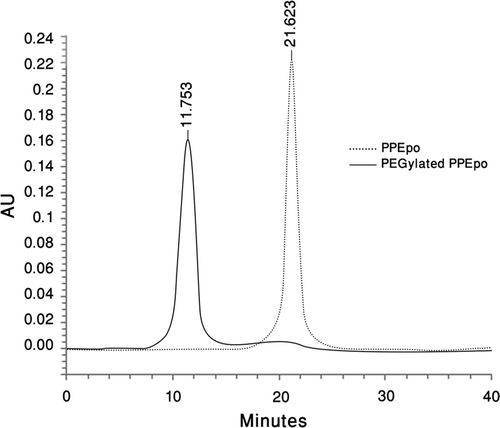 Figure 3.  Size-Exclusion HPLC analysis of purified PPEpo and purified PEGylated PPEpo (UV detector at 214 nm). 50 mM sodium phosphate buffer containing 150 mM sodium chloride, pH 7.0, was used as the elution buffer.
