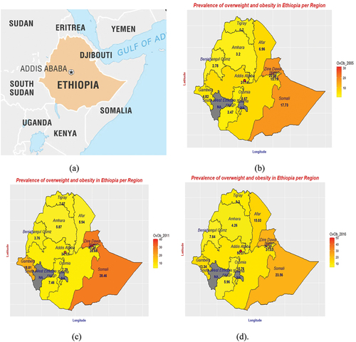 Figure 2. Location of Ethiopia (a) and Prevalence of overweight and obesity by region 2005(b), 2011(c), 2016(d) (Figure 2(a). A source: Britannica). OvOb: Overweight and Obesity.