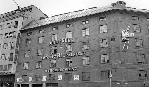 Figure 3. Automobilpalatset, a combined car dealership and workshop in central Stockholm, where the defendant Wiedenhayn worked and procured paying audiences to the illicit screenings of pornographic films and propaganda films. Photographer unknown.