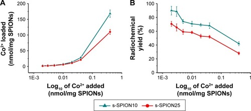 Figure 2 Loading capacity of Co2+ on s-SPIONs after the reaction for 30 min at 95°C in 0.1 M sodium acetate.Notes: (A) amounts of Co2+ loaded on s-SPIONs (nmol/mg of dry s-SPIONs) and (B) labeling yield (%) when increasing the amounts of 57Co/Co2+ added in the reaction mixtures. Error bars = standard errors, n=3.Abbreviations: SPIONs, superparamagnetic iron oxide nanoparticles; s-SPIONs, stabilized SPIONs; s-SPION10, s-SPIONs with average core diameter of 10 nm; s-SPION25, s-SPIONs with average core diameter of 25 nm.