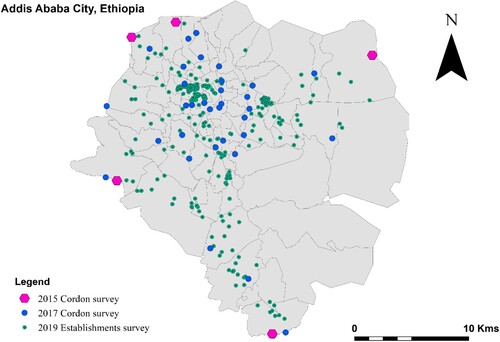 Figure A1. Map of Addis Ababa city showing locations used for data collection in the three surveys.