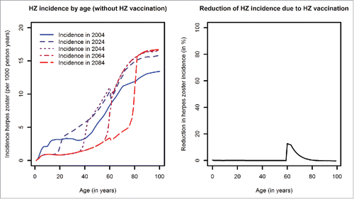 Figure 4. Left panel: Age-dependent HZ incidence at different time points (without HZ vaccination, introduction of varicella vaccination in 2004); Right panel: Relative reduction of HZ incidence by age predicted for 2103 when comparing scenarios with and without HZ vaccination (introduction of HZ vaccination in 2015, coverage 20%).