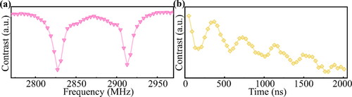 Figure 6. Characteristics of NV center spin parameters, as obtained by ODMR system, for (a) ODMR spectrum, and (b) Rabi oscillation measurement.