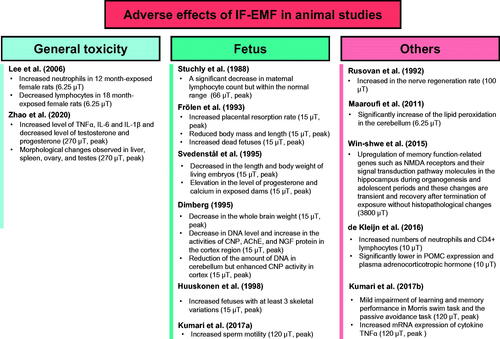 Figure 2. Adverse effects of IF-EMF in animal models in vivo. The magnetic flux density (µT) was rms value, but if it was a peak value, it was indicated as ‘peak’. TNFα: tumor necrosis factor-α; IL-6: interleukin 6; IL-1β: interleukin 1 beta; G: gestation; PD: postnatal day; CNP: 2′,3′-cyclic nucleotide 3′-phosphodiesterase; AChE: acetylcholine esterase; NGF: nerve growth factor; NMDA: N-methyl-d-aspartate; POMC: proopiomelanocortin.