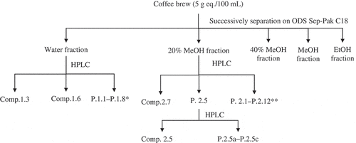 Figure 1. Flow chart of the separation and isolation of the antioxidant, α-glucosidase inhibitor, and glycation inhibitor from Robusta coffee brew. The separation and isolation were conducted in triplicate (n =3). The concentration of the coffee brew, coffee fractions, and single compounds were equivalent with 5 g ground coffee/100 mL coffee brew (5 g eq./100 mL). P.1.1-P.1.8*: P.1.1, P.1.2, P.1.4, P.1.5, P.1.7, and P.1.8 were the peak groups separated from the water fraction. P.2.1-P.2.12**: P.2.1, P.2.2, P.2.3, P.2.4, P.2.6, P.2.8, P.2.9, P.2.10, P.2.11, and P.2.12 were the peak groups separated from the 20% MeOH fraction