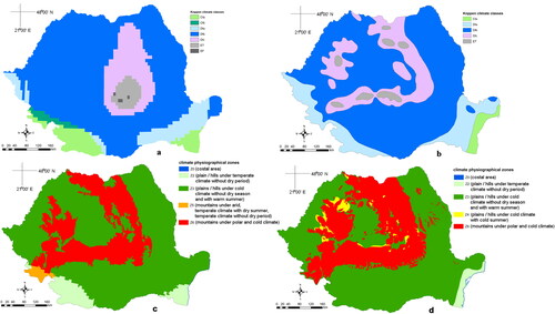 Figure 3. Köppen climate classification according to Peel et al. (Citation2007) (a) and current study (b); climate-physiographic zones according to Wilde et al. (Citation2018) (c) and current study (d).