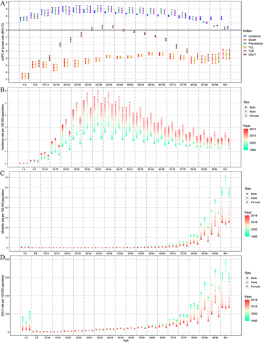 Figure 2 The AAPC of burden rate of IBD by age and indicators related to disease burden in China from 1990 to 2019 (A). The gradual incidence rate (B), mortality rate (C), and DALY rate (D) of IBD by age and gender in China from 1990 to 2019. The gradual change in color from green to red reflects the annual trend of the burden rate of IBD in each age group and gender from 1990 to 2019.