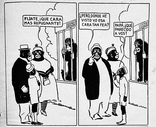 Figure 1. “Look, what a repulsive face!”; “But where have I seen that ugly face before?”; “Dad, how like you he looks!” (“Página del Dólar”, Arístides Rechain, La Novela semanal, issue 276, 26 February 1923.).