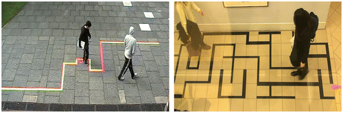 Figure 2. Playful behaviour engaging with the intervention (left) tapeline at Kent; (right) maze at Warwick.