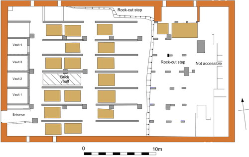 FIG. 3 Plan of St Patrick’s crypt showing the upstanding Vaults 1–4 at the west, with at least one below crypt floor level vault and also rock-cut pits for either burial or charnel (image by R. Philpott).