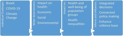 Figure 1. Conceptual relationship between the three challenges and the wider determinants of health and policy making.