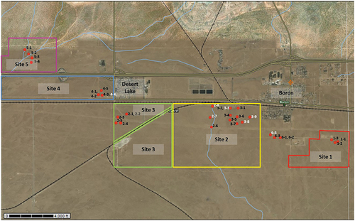Figure 8. Soil sampling sites between the communities of Desert Lake and Boron where construction of the Aratina photovoltaic ranch has been proposed. The locations circled in different colors are the subsections of the planned solar project (red dots indicate individual sampling spots; white labels indicate individual sampling spots that tested positive for Coccidioides spp., and black labels indicate a negative site).