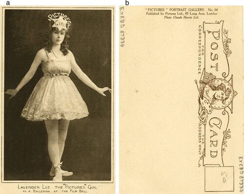 Figures 7. (a & b) Claude Harris Studios/Pictures Ltd., postcard showing [Alice] Lavender Lee at the Kinematograph Peace Pageant and Costume Ball, 9 May 1919. Note that the reverse shows that the postcard was produced by Pictures and Picturegoer. Courtesy of the Bill Douglas Cinema Museum, University of Exeter. EXEBD87334.