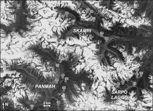 FIGURE 2 Main cluster of Karakoram surge-type glaciers (base image: ASTER, 26 July 2006). Numbers refer to glaciers listed in Table 1.