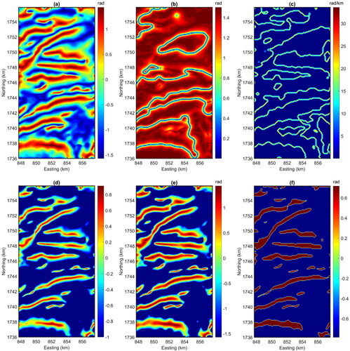 Figure 9. Enhanced maps of the 500 m upward continued aeromagnetic data (Figure 7b): (a) TAHG, (b) ITM, (c) HGSTDR, (d) FSED, (e) EHGA, (f) BHG.