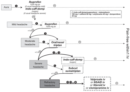 Figure 1 An algorithm for “stratified” and “step-wise within attack” treatment of migraine attacks, inspired from personal experience and the Belgian pharmacoeconomic situation as well as from the available literature (see reviews by CitationEvers et al 2006; CitationGoadsby et al 2006).