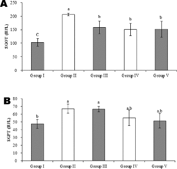 Figure 2. Effects of dual-coated and uncoated probiotics on SGOT (A) and SGPT (B) levels against CCl4-induced hepatotoxicity in rats. Group I: normal control; Group II: CCl4 control, Group III: silymarin standard and CCl4; Group IV: dual-coated probiotics and CCl4; Group V: uncoated probiotics and CCl4. Note: Values represent means from six determinations ± SD. a–cMeans with different superscripts differ (p < 0.05) by ANOVA.
